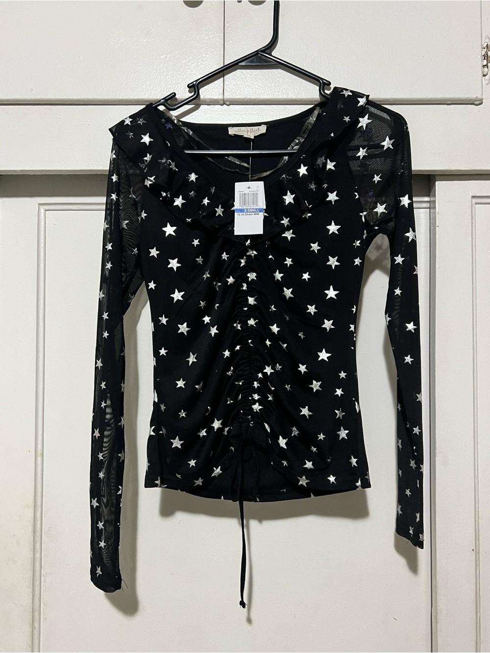 Ultra Flirt Sheer Star Mesh Sleeve Shimmer Top